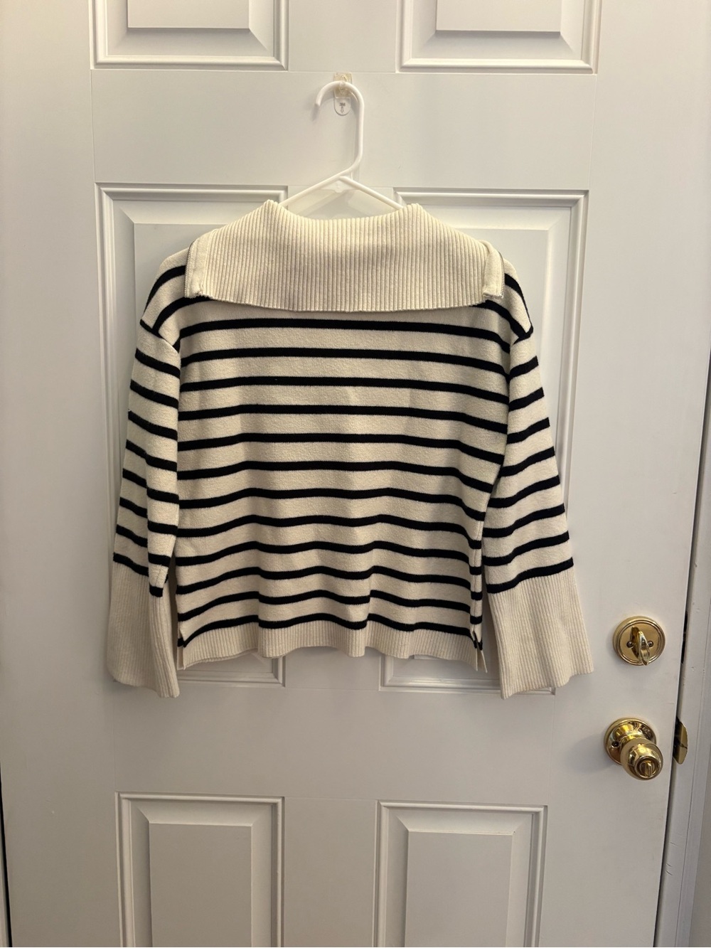 Elie Tahari Black and Cream Striped Sailor Collar Zip Sweater - Picture 4 of 4